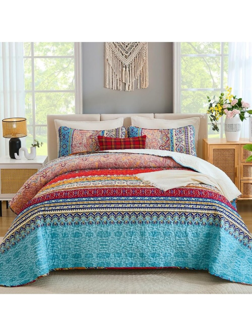 Boho Stripe King Size Quilt Set - Cozy Blue & Red Bedding for Stylish Home Decor